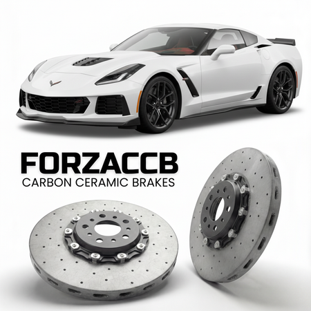 ForzaCCB direct OEM replacement carbon ceramic brake rotors for 2019 to 2019 Chevrolet Corvette ZR1 C7 models, shown with a white Chevrolet Corvette ZR1 car.