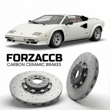 ForzaCCB direct OEM replacement carbon ceramic brake rotors for 1988 to 1990 Lamborghini Countach 25th Anniversary models, shown with a white Lamborghini Countach 25th Anniversary car.