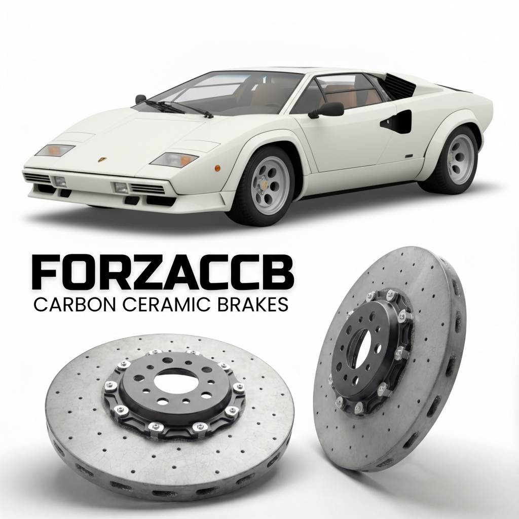 ForzaCCB direct OEM replacement carbon ceramic brake rotors for 1988 to 1990 Lamborghini Countach 25th Anniversary models, shown with a white Lamborghini Countach 25th Anniversary car.