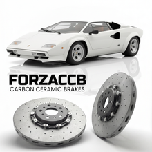 ForzaCCB direct OEM replacement carbon ceramic brake rotors for 1985 to 1988 Lamborghini Countach 5000 QV models, shown with a white Lamborghini Countach 5000 QV car.