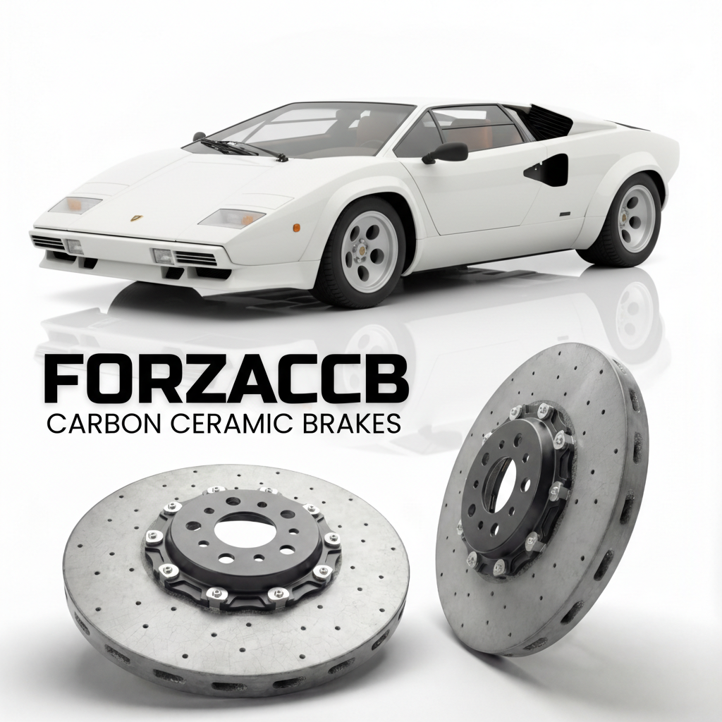 ForzaCCB direct OEM replacement carbon ceramic brake rotors for 1985 to 1988 Lamborghini Countach 5000 QV models, shown with a white Lamborghini Countach 5000 QV car.