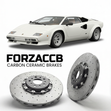 ForzaCCB direct OEM replacement carbon ceramic brake rotors for 1982 to 1985 Lamborghini Countach 5000 S models, shown with a white Lamborghini Countach 5000 S car.