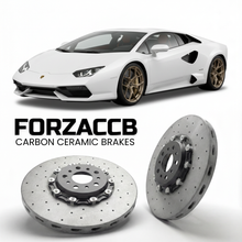ForzaCCB direct OEM replacement carbon ceramic brake rotors for 2022 and newer Lamborghini Countach LPI 800-4 models, shown with a white Lamborghini Countach LPI 800-4 car.