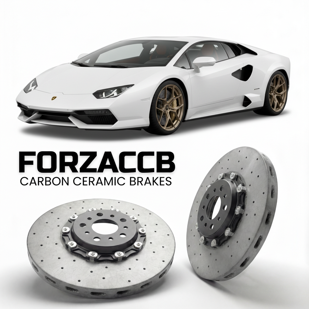 ForzaCCB direct OEM replacement carbon ceramic brake rotors for 2022 and newer Lamborghini Countach LPI 800-4 models, shown with a white Lamborghini Countach LPI 800-4 car.