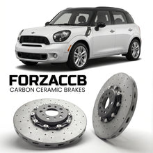 ForzaCCB direct OEM replacement carbon ceramic brake rotors for 2010 to 2014 Mini Countryman R60 models, shown with a white Mini Countryman car.