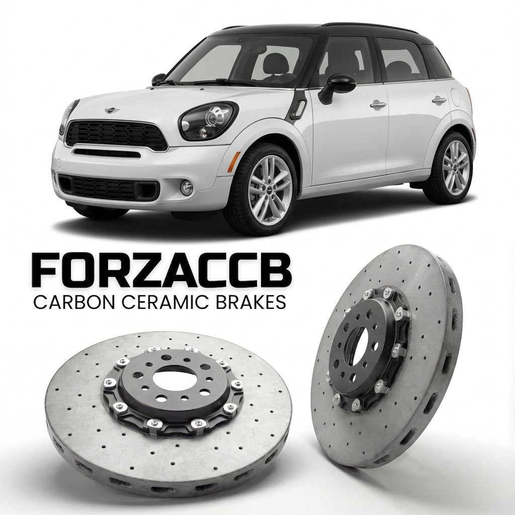 ForzaCCB direct OEM replacement carbon ceramic brake rotors for 2010 to 2014 Mini Countryman R60 models, shown with a white Mini Countryman car.