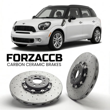 ForzaCCB direct OEM replacement carbon ceramic brake rotors for 2010 to 2014 Mini Countryman R60 models, shown with a white Mini Countryman car.