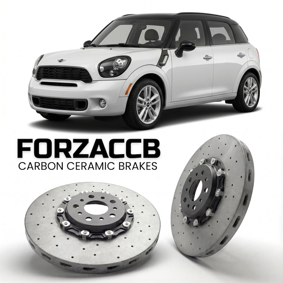 ForzaCCB direct OEM replacement carbon ceramic brake rotors for 2010 to 2014 Mini Countryman R60 models, shown with a white Mini Countryman car.