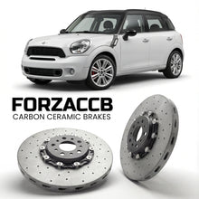 ForzaCCB direct OEM replacement carbon ceramic brake rotors for 2014 to 2016 Mini Countryman R60, facelift 2014 models, shown with a white Mini Countryman car.