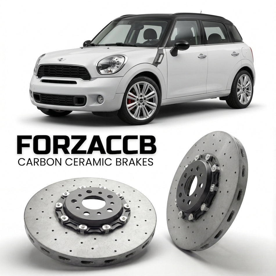 ForzaCCB direct OEM replacement carbon ceramic brake rotors for 2014 to 2016 Mini Countryman R60, facelift 2014 models, shown with a white Mini Countryman car.