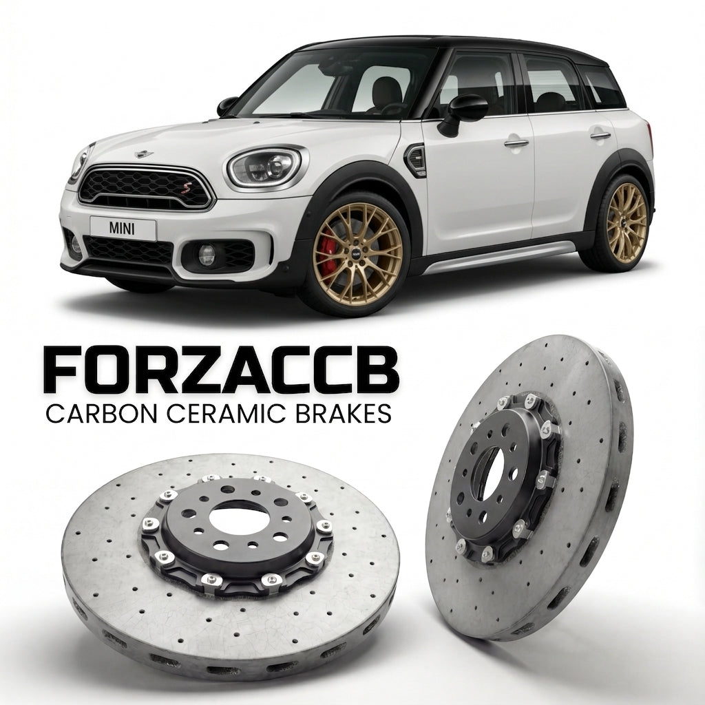ForzaCCB direct OEM replacement carbon ceramic brake rotors for 2017 to 2020 Mini Countryman F60 models, shown with a white Mini Countryman car.