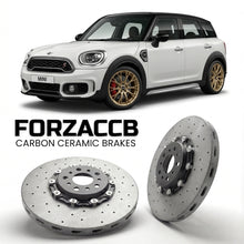 ForzaCCB direct OEM replacement carbon ceramic brake rotors for 2017 to 2020 Mini Countryman F60 models, shown with a white Mini Countryman car.