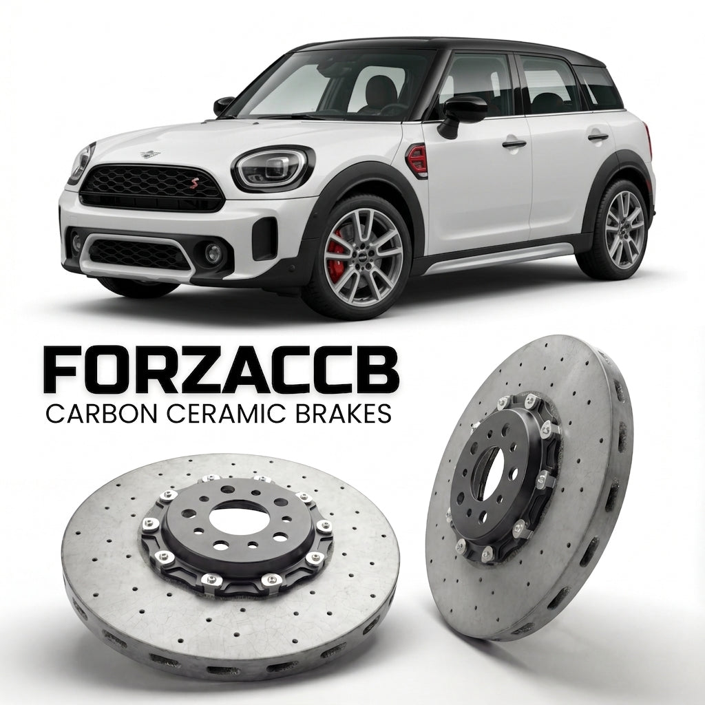 ForzaCCB direct OEM replacement carbon ceramic brake rotors for 2020 to 2023 Mini Countryman F60, facelift 2020 models, shown with a white Mini Countryman car.