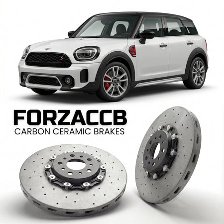 ForzaCCB direct OEM replacement carbon ceramic brake rotors for 2020 to 2023 Mini Countryman F60, facelift 2020 models, shown with a white Mini Countryman car.