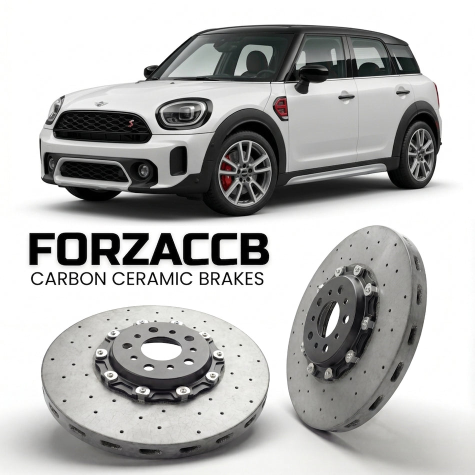 ForzaCCB direct OEM replacement carbon ceramic brake rotors for 2020 to 2023 Mini Countryman F60, facelift 2020 models, shown with a white Mini Countryman car.