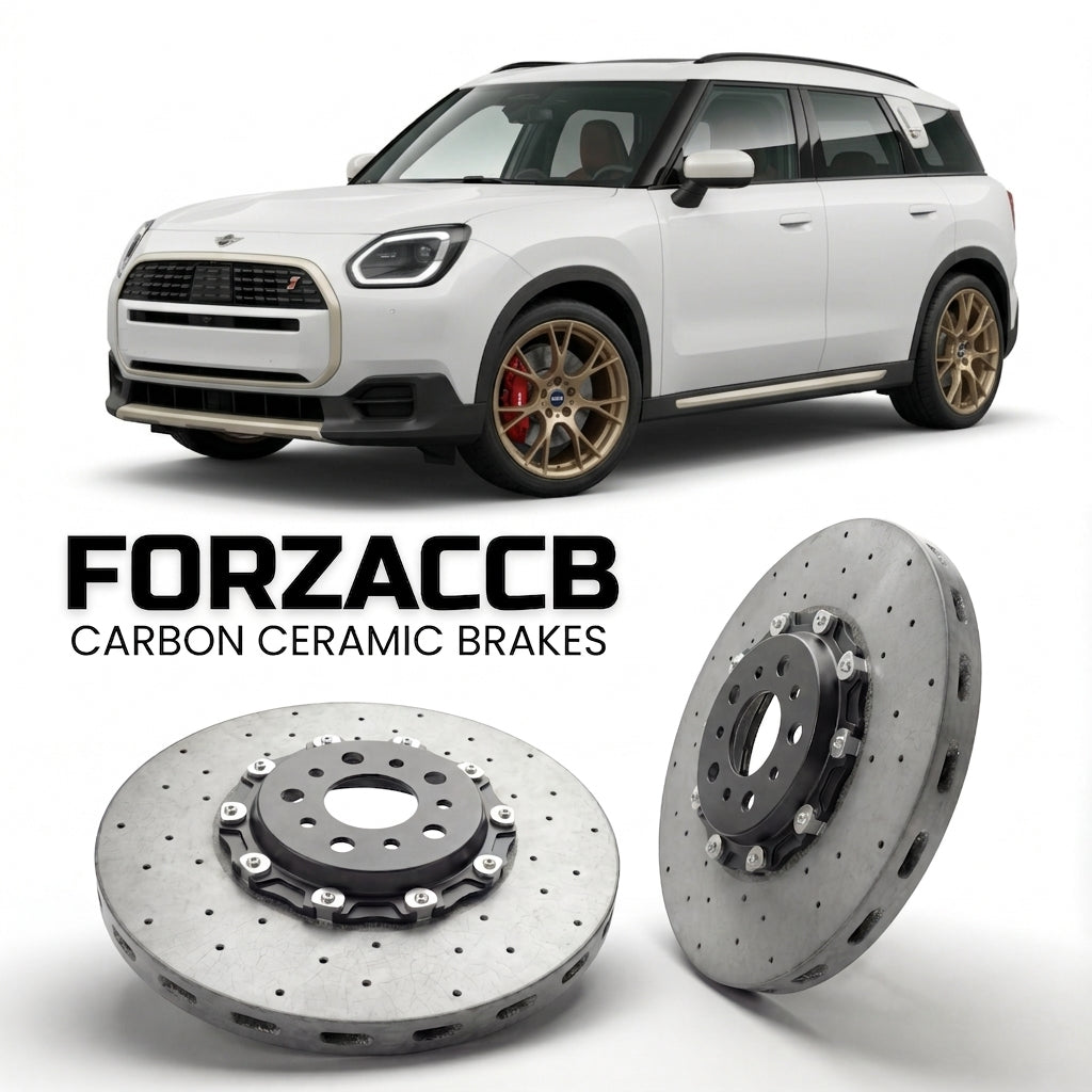 ForzaCCB direct OEM replacement carbon ceramic brake rotors for 2023 and newer Mini Countryman U25 models, shown with a white Mini Countryman car.