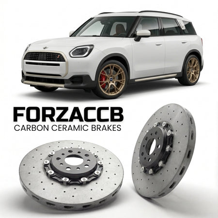 ForzaCCB direct OEM replacement carbon ceramic brake rotors for 2023 and newer Mini Countryman U25 models, shown with a white Mini Countryman car.
