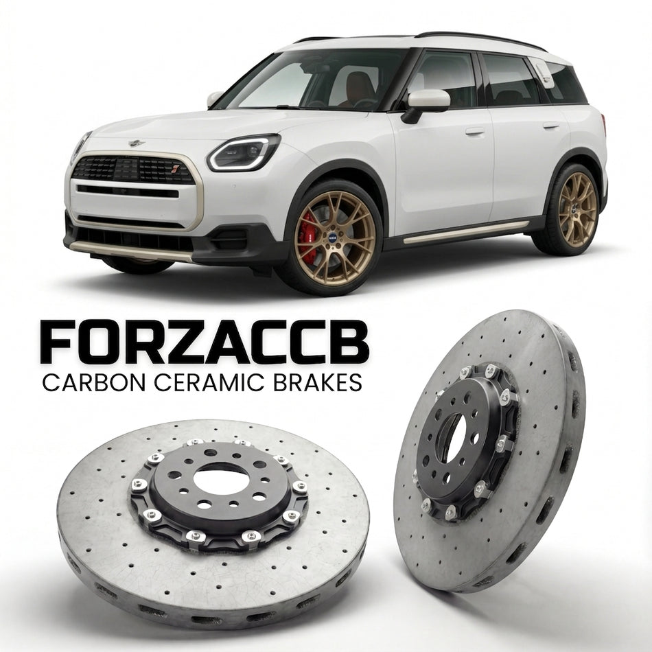 ForzaCCB direct OEM replacement carbon ceramic brake rotors for 2023 and newer Mini Countryman U25 models, shown with a white Mini Countryman car.