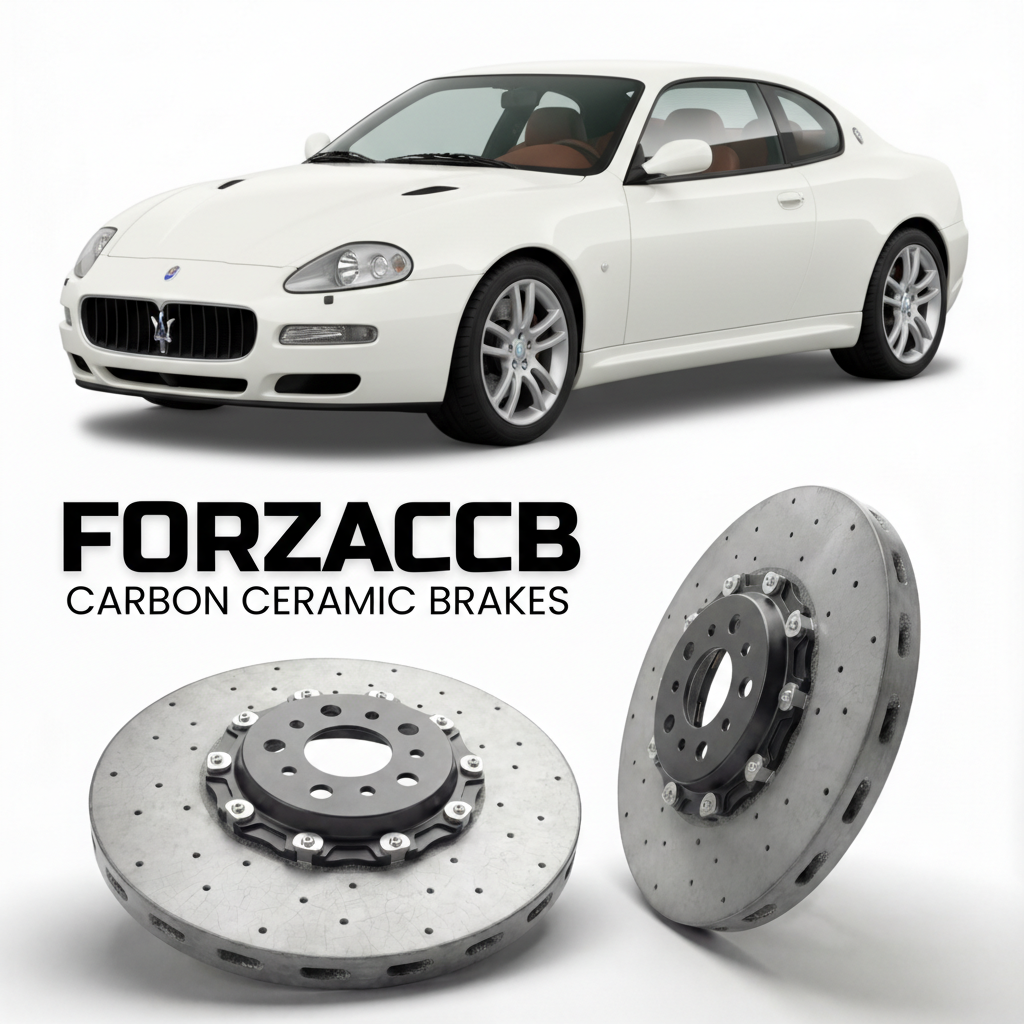 ForzaCCB direct OEM replacement carbon ceramic brake rotors for 2002 to 2007 Maserati Coupé M138 models, shown with a white Maserati Coupé car.