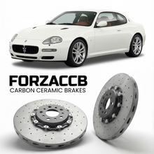 ForzaCCB direct OEM replacement carbon ceramic brake rotors for 2002 to 2007 Maserati Coupé M138 models, shown with a white Maserati Coupé car.