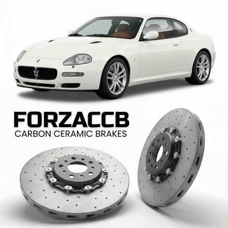 ForzaCCB direct OEM replacement carbon ceramic brake rotors for 2002 to 2007 Maserati Coupé M138 models, shown with a white Maserati Coupé car.