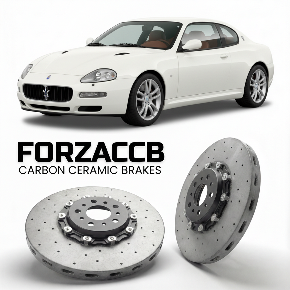 ForzaCCB direct OEM replacement carbon ceramic brake rotors for 2002 to 2007 Maserati Coupé M138 models, shown with a white Maserati Coupé car.