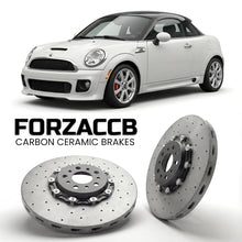 ForzaCCB direct OEM replacement carbon ceramic brake rotors for 2011 to 2015 Mini Coupe R58 models, shown with a white Mini Coupe car.