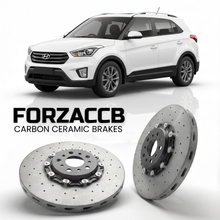 ForzaCCB direct OEM replacement carbon ceramic brake rotors for 2019 to 2026 Hyundai Creta models, shown with a white Hyundai Creta car.