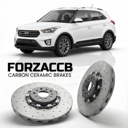 ForzaCCB direct OEM replacement carbon ceramic brake rotors for 2019 to 2026 Hyundai Creta models, shown with a white Hyundai Creta car.