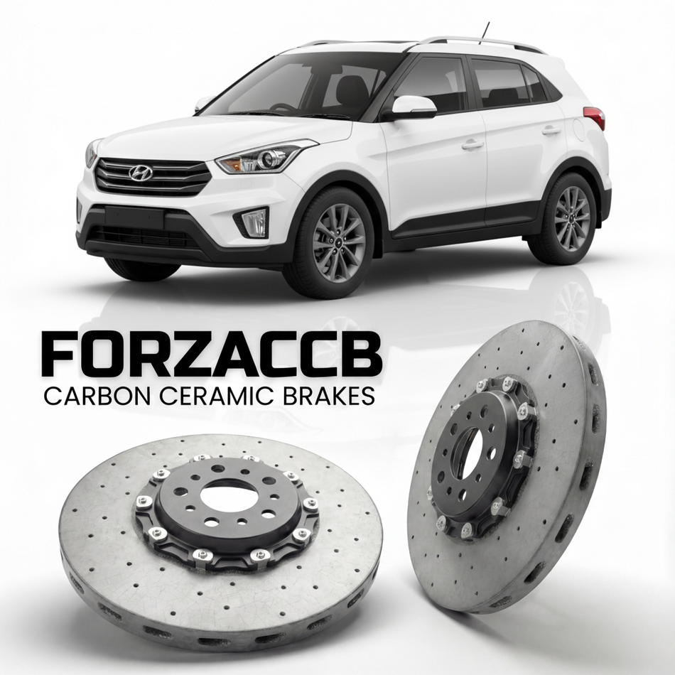 ForzaCCB direct OEM replacement carbon ceramic brake rotors for 2019 to 2026 Hyundai Creta models, shown with a white Hyundai Creta car.