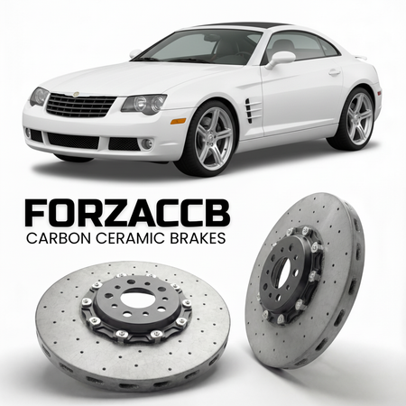 ForzaCCB direct OEM replacement carbon ceramic brake rotors for 2005 to 2007 Chrysler Crossfire models, shown with a white Chrysler Crossfire car.