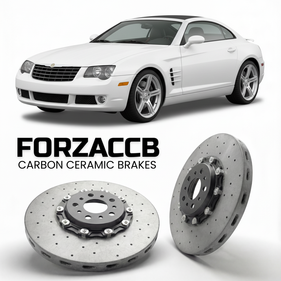 ForzaCCB direct OEM replacement carbon ceramic brake rotors for 2005 to 2007 Chrysler Crossfire models, shown with a white Chrysler Crossfire car.
