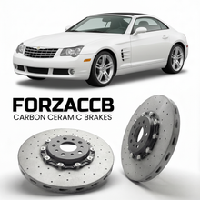 ForzaCCB direct OEM replacement carbon ceramic brake rotors for 2005 to 2007 Chrysler Crossfire Roadster models, shown with a white Chrysler Crossfire car.