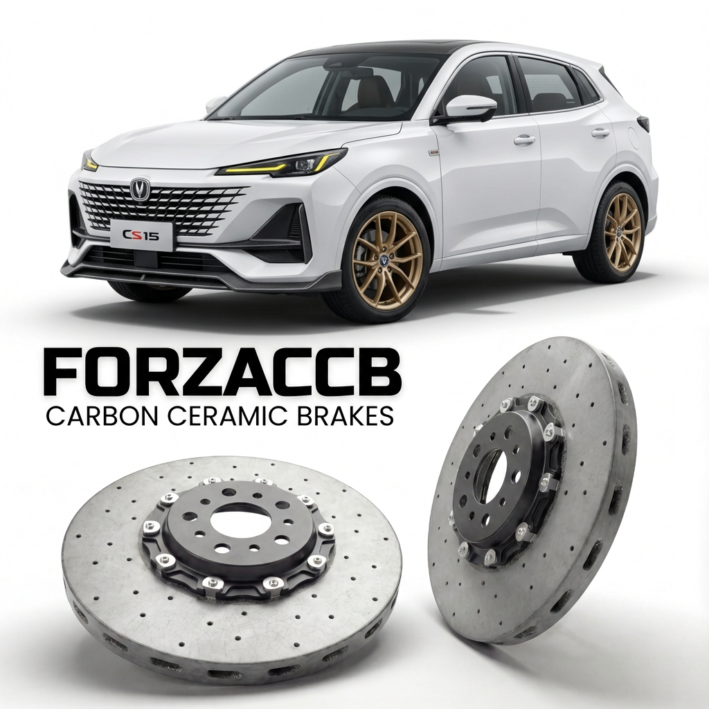 ForzaCCB direct OEM replacement carbon ceramic brake rotors for 2016 and newer ChangAn CS15 models, shown with a white ChangAn CS15 car.