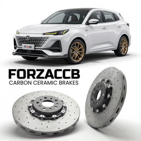ForzaCCB direct OEM replacement carbon ceramic brake rotors for 2016 and newer ChangAn CS15 models, shown with a white ChangAn CS15 car.