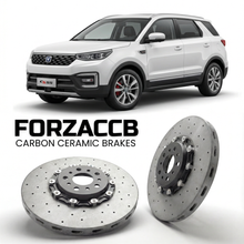 ForzaCCB direct OEM replacement carbon ceramic brake rotors for 2017 to 2018 ChangAn CS55 I models, shown with a white ChangAn CS55 car.