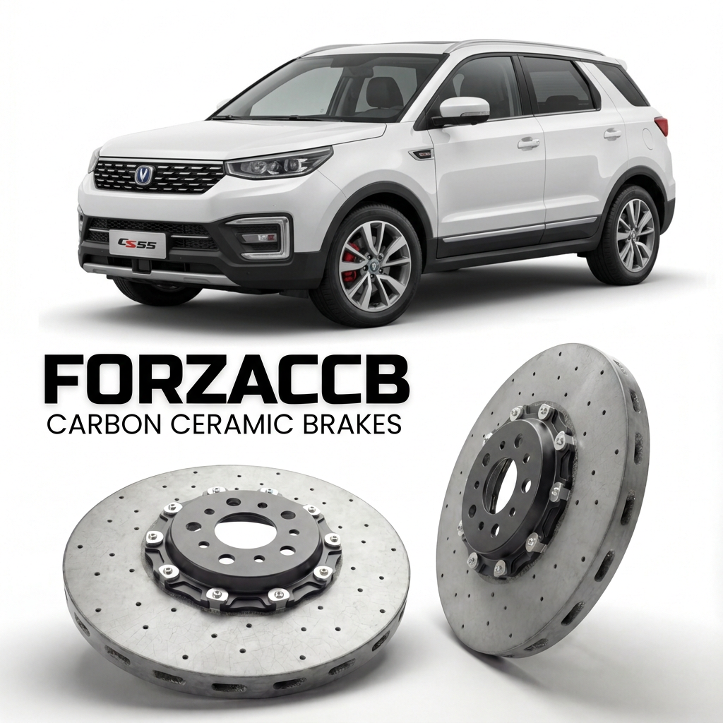 ForzaCCB direct OEM replacement carbon ceramic brake rotors for 2017 to 2018 ChangAn CS55 I models, shown with a white ChangAn CS55 car.