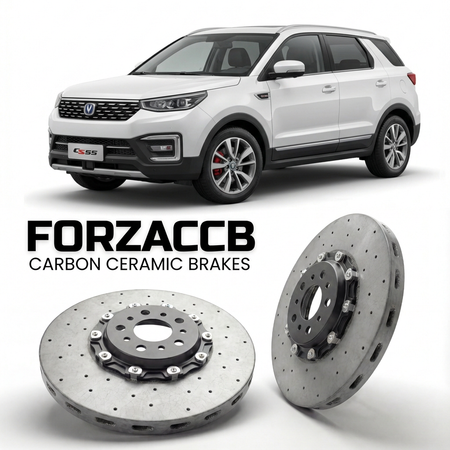 ForzaCCB direct OEM replacement carbon ceramic brake rotors for 2017 to 2018 ChangAn CS55 I models, shown with a white ChangAn CS55 car.