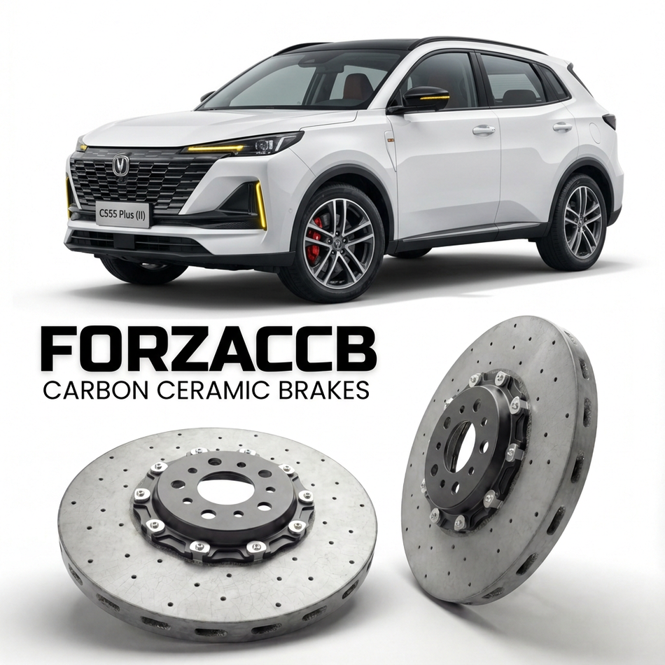 ForzaCCB direct OEM replacement carbon ceramic brake rotors for 2021 to 2025 ChangAn CS55 Plus II models, shown with a white ChangAn CS55 car.