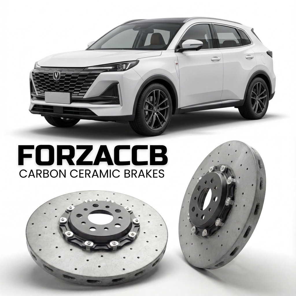 ForzaCCB direct OEM replacement carbon ceramic brake rotors for 2025 and newer ChangAn CS55 Plus III models, shown with a white ChangAn CS55 car.
