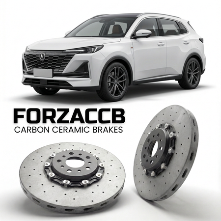 ForzaCCB direct OEM replacement carbon ceramic brake rotors for 2025 and newer ChangAn CS55 Plus III models, shown with a white ChangAn CS55 car.