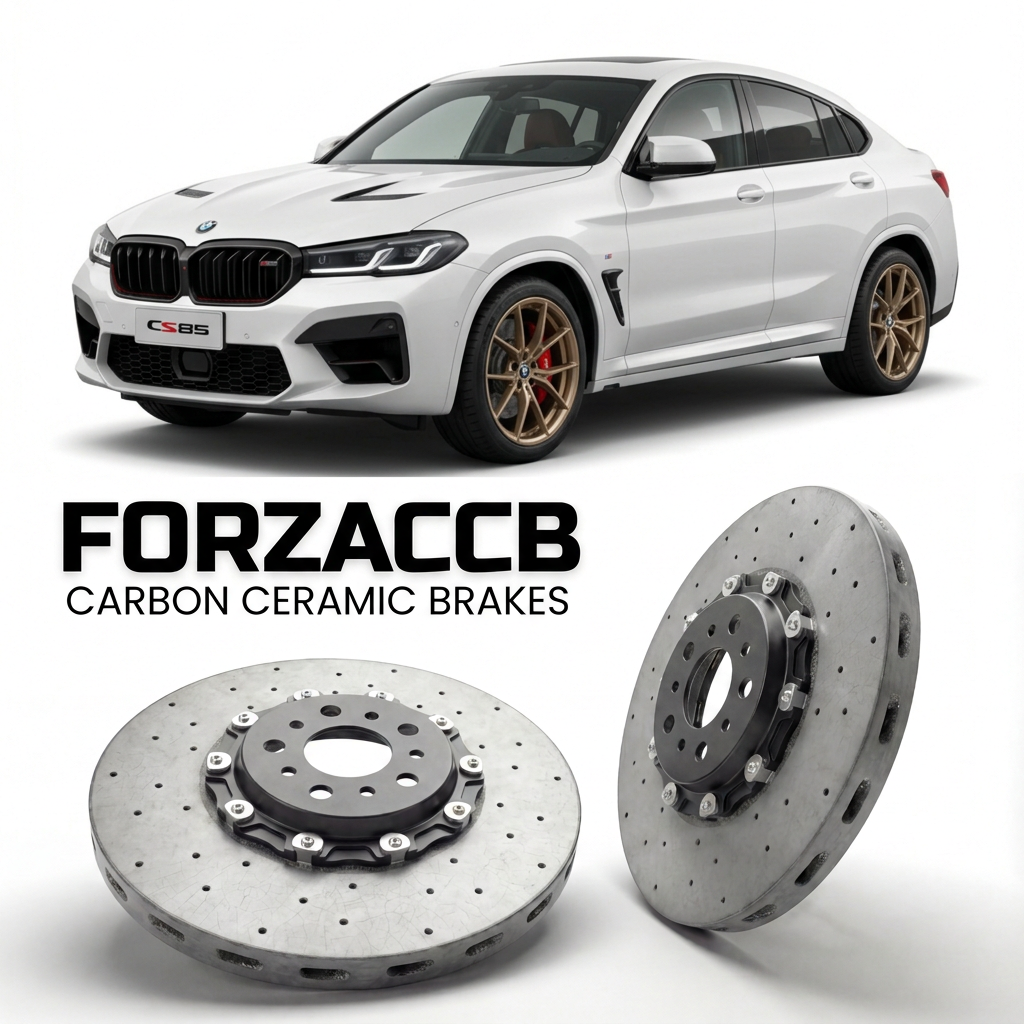 ForzaCCB direct OEM replacement carbon ceramic brake rotors for 2019 and newer ChangAn CS85 models, shown with a white ChangAn CS85 car.