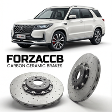 ForzaCCB direct OEM replacement carbon ceramic brake rotors for 2017 to 2018 ChangAn CS95 models, shown with a white ChangAn CS95 car.