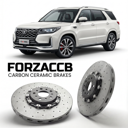 ForzaCCB direct OEM replacement carbon ceramic brake rotors for 2017 to 2018 ChangAn CS95 models, shown with a white ChangAn CS95 car.