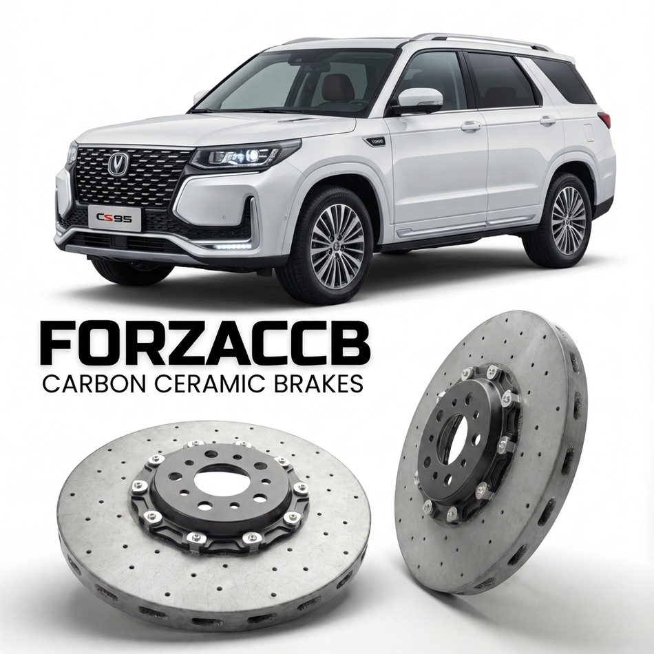 ForzaCCB direct OEM replacement carbon ceramic brake rotors for 2018 and newer ChangAn CS95 facelift 2018 models, shown with a white ChangAn CS95 car.