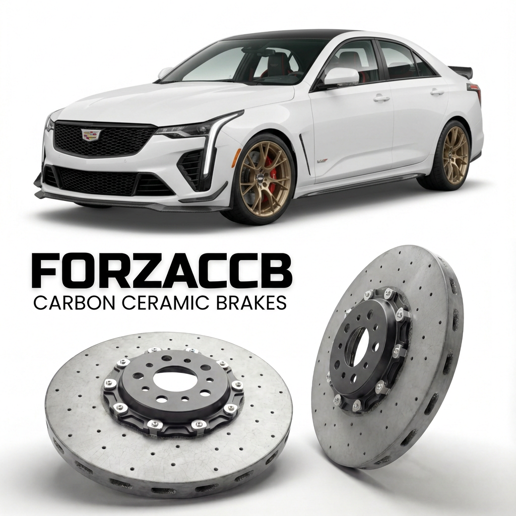 ForzaCCB direct OEM replacement carbon ceramic brake rotors for 2019 and newer Cadillac CT4 models, shown with a white Cadillac CT4 car.