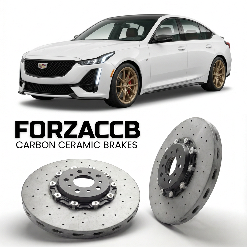 ForzaCCB direct OEM replacement carbon ceramic brake rotors for 2019 to 2024 Cadillac CT5 models, shown with a white Cadillac CT5 car.