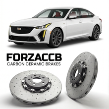 ForzaCCB direct OEM replacement carbon ceramic brake rotors for 2024 and newer Cadillac CT5 facelift 2024 models, shown with a white Cadillac CT5 car.
