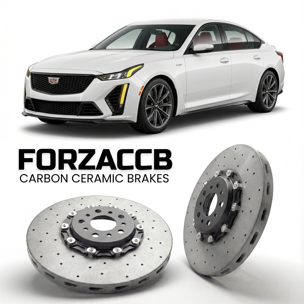 ForzaCCB direct OEM replacement carbon ceramic brake rotors for 2024 and newer Cadillac CT5 facelift 2024 models, shown with a white Cadillac CT5 car.