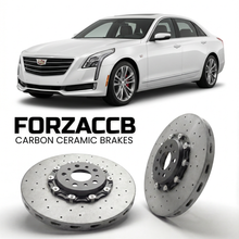 ForzaCCB direct OEM replacement carbon ceramic brake rotors for 2016 to 2019 Cadillac CT6 models, shown with a white Cadillac CT6 car.